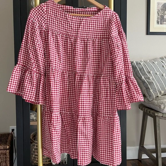 Zara red & white Gingham cottagecore Midi Dress - Picture 2 of 7
